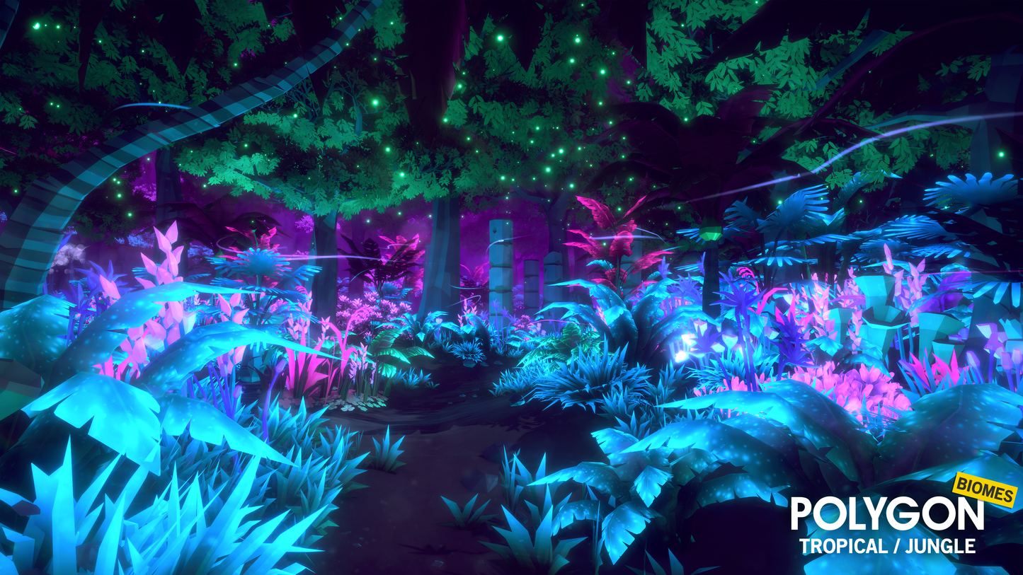 Tropical jungle bioluminescent 3D low poly materials for creating immersive games