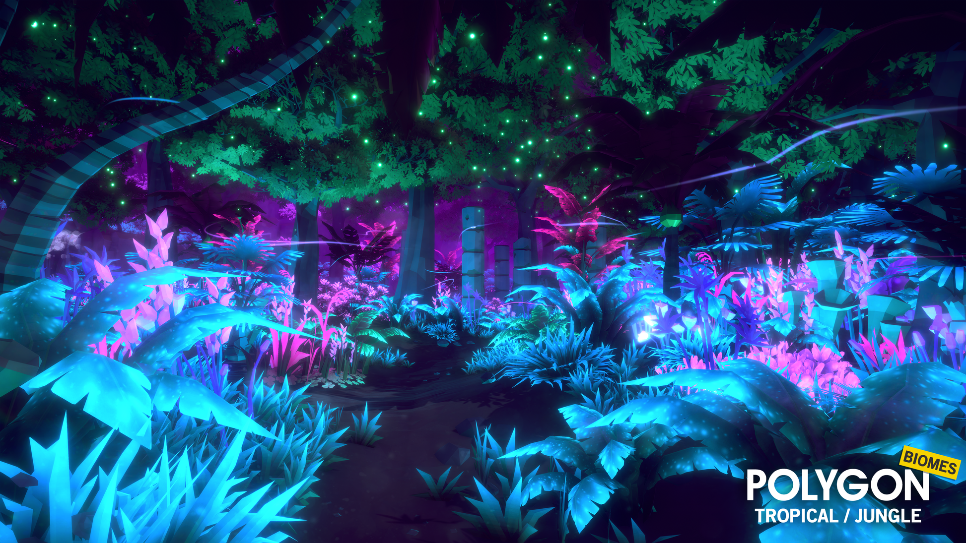 Tropical jungle bioluminescent 3D low poly materials for creating immersive games