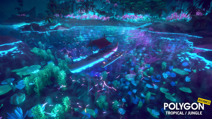 Bioluminescent underwater vegetation under a canoe anchored in a small bay