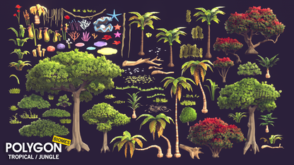 Tropical jungle 3D low poly vegetation assets