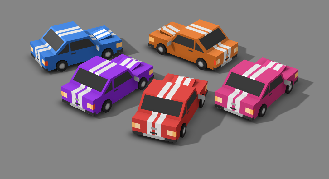 Blue, orange, pink, red and purple car game assets for Unity development