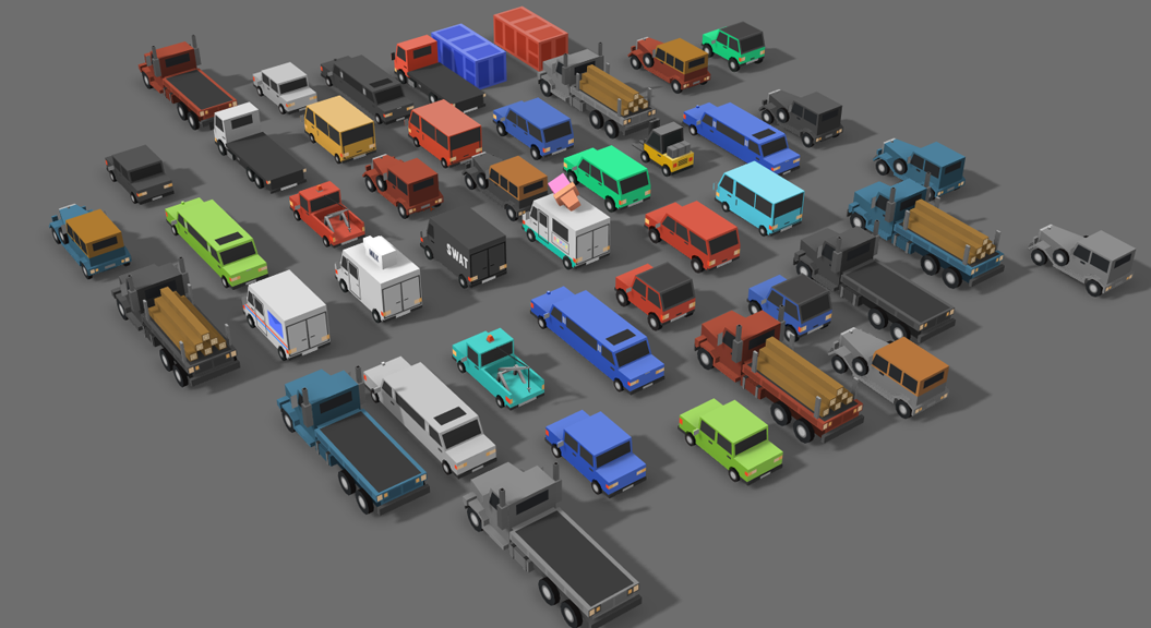 Aerial view of all of the 3D low poly car vehicle assets available in the SImple Cars Pack