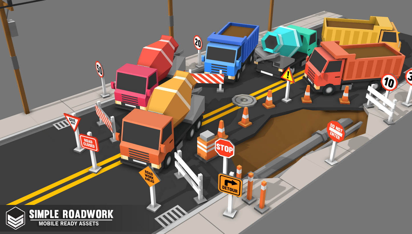 A roadwork site with cement and sand trucks offloading their supplies near a hole in the road