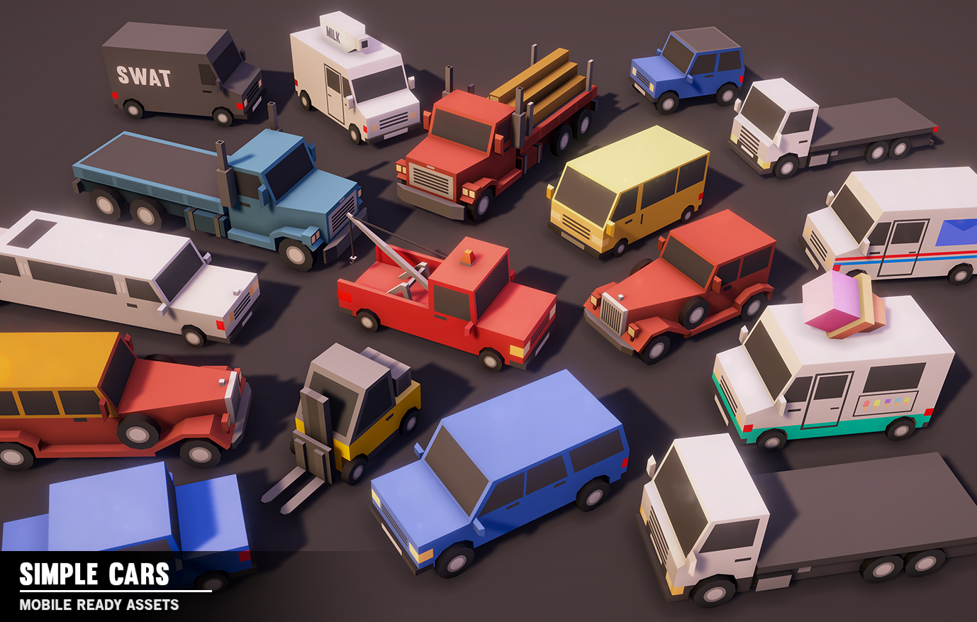 Different 3D car models for game developers including ice cream trucks, forklifts, tow trucks and flatbed commercial vehicles