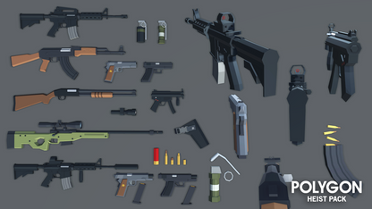 Examples of weapon asset options that are available in the POLYGON Heist Pack