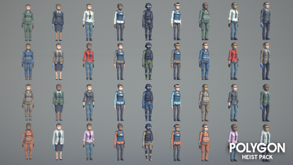 Individual low poly 3D character examples available in the POLYGON Heist Pack