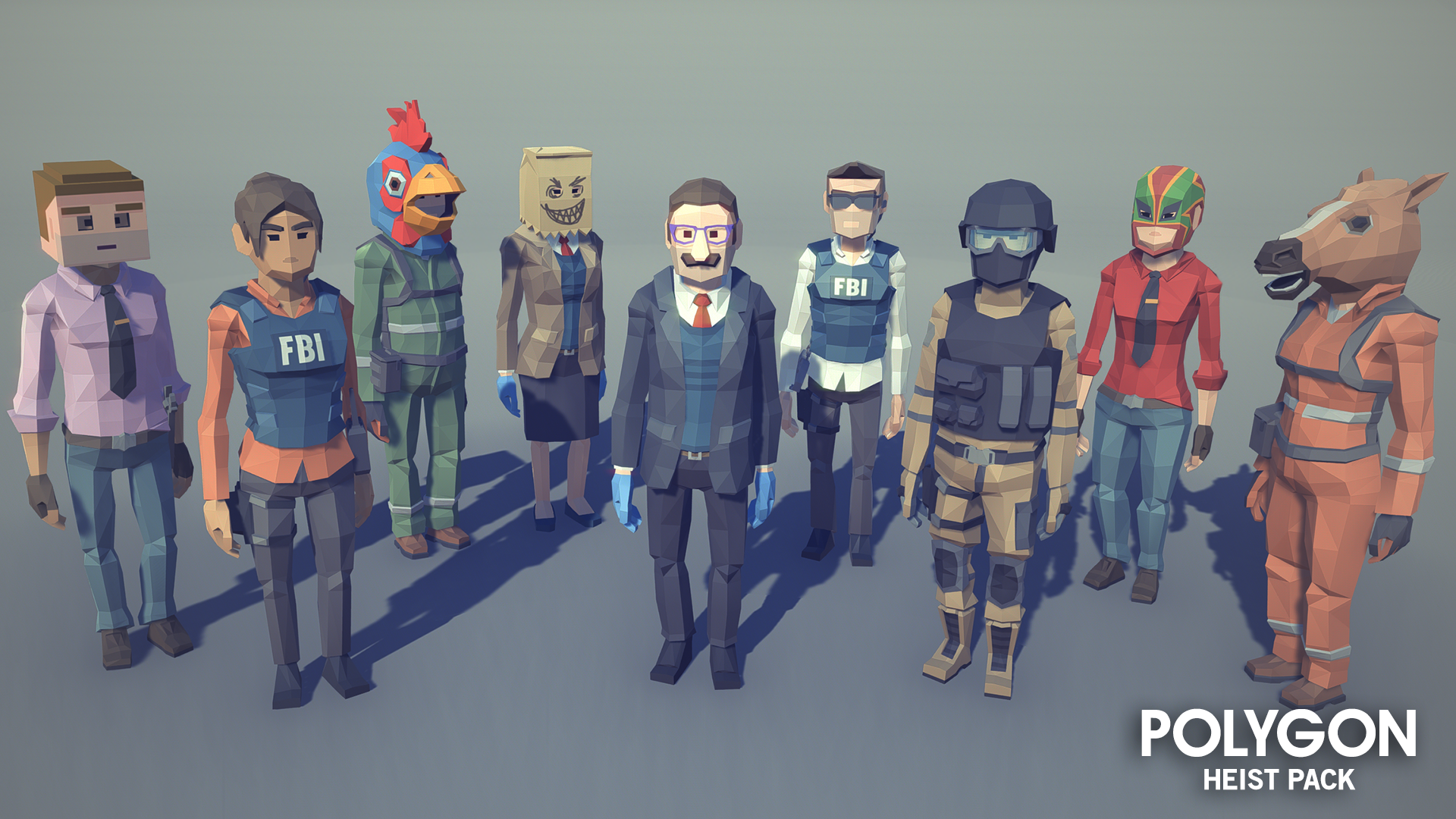 3D low poly character examples from the POLYGON Heist asset pack