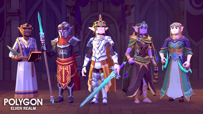 Elven Realm 3D low poly asset character examples including knights, princes, princesses and nobles