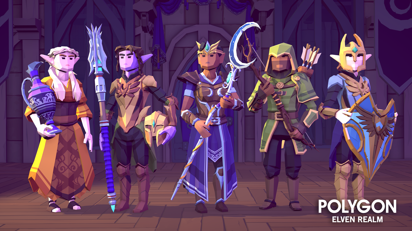 Elven Realm 3D low poly character assets featuring rogues, soldiers and mages