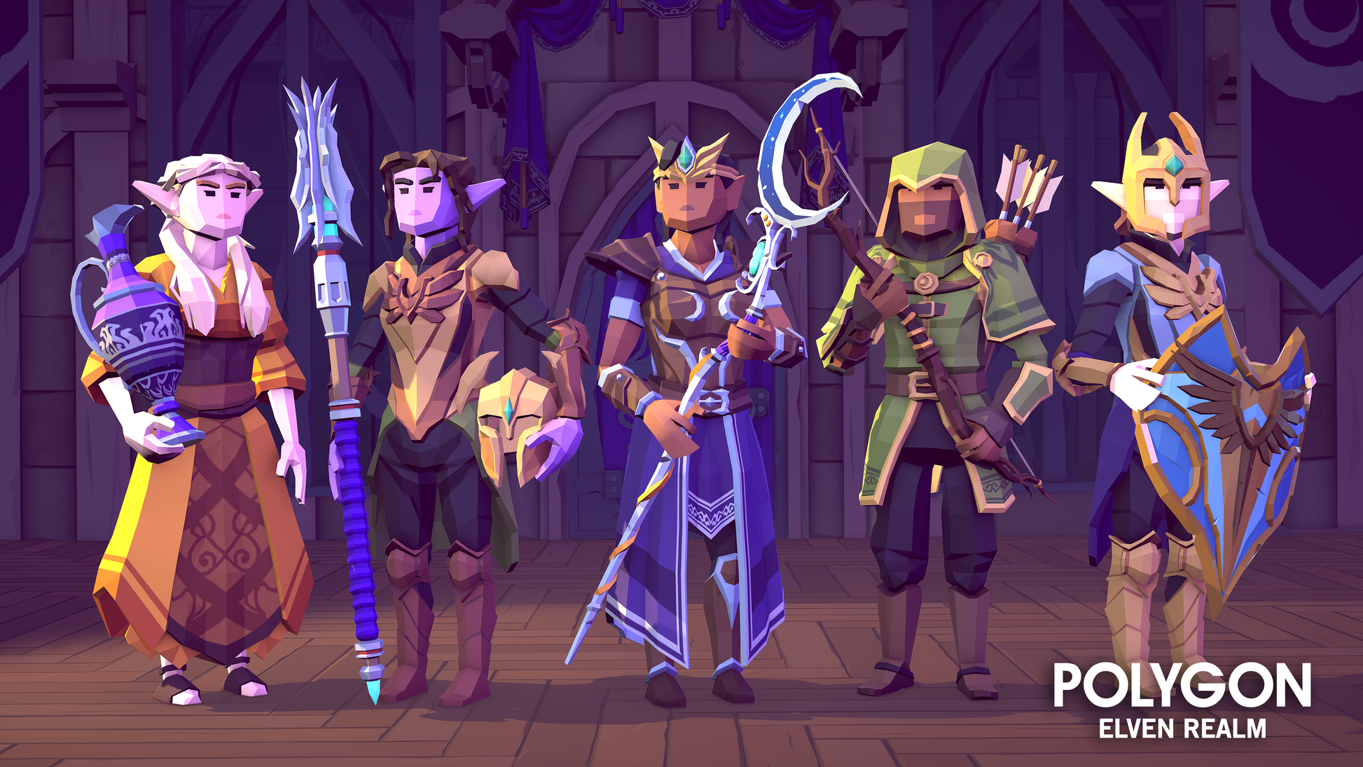 Elven Realm 3D low poly character assets featuring rogues, soldiers and mages