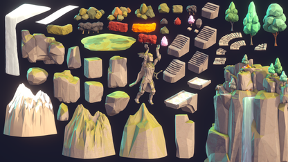 Elven Realm 3D low poly environment textures and assets including mountain rocks, lava, water and snow