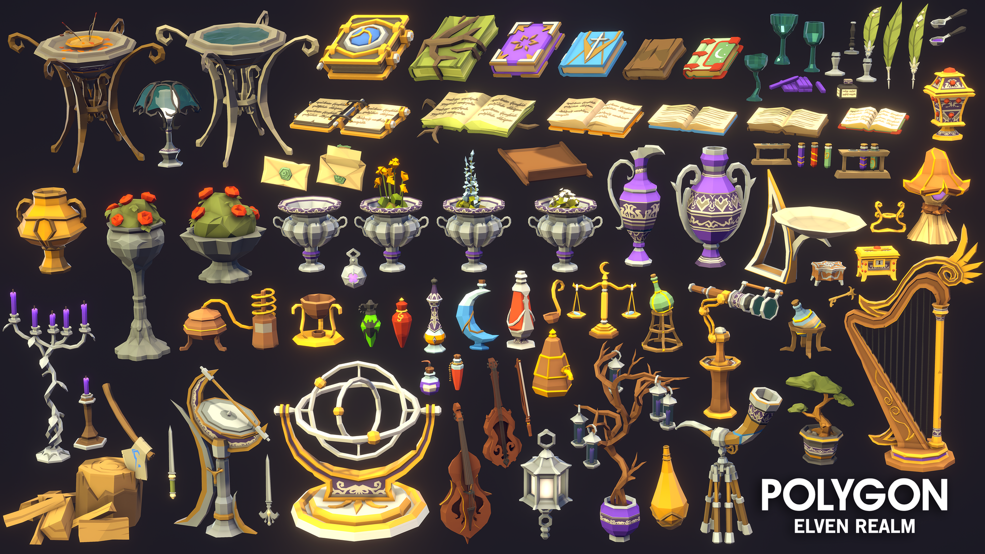 Elven Realm 3D low poly asset pack items including elixirs, glasses, musical instruments, letters, quills, and spell books,