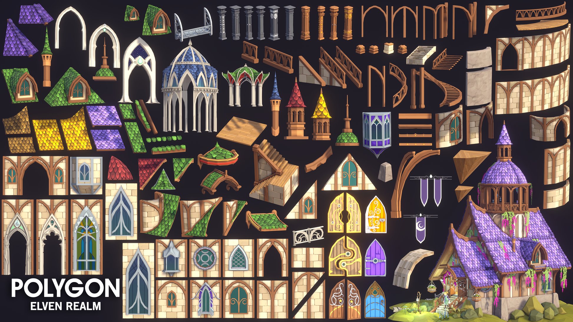 Elven Realm 3D low poly asset buildings including straight and curved designs for walls, windows, arches and stairs