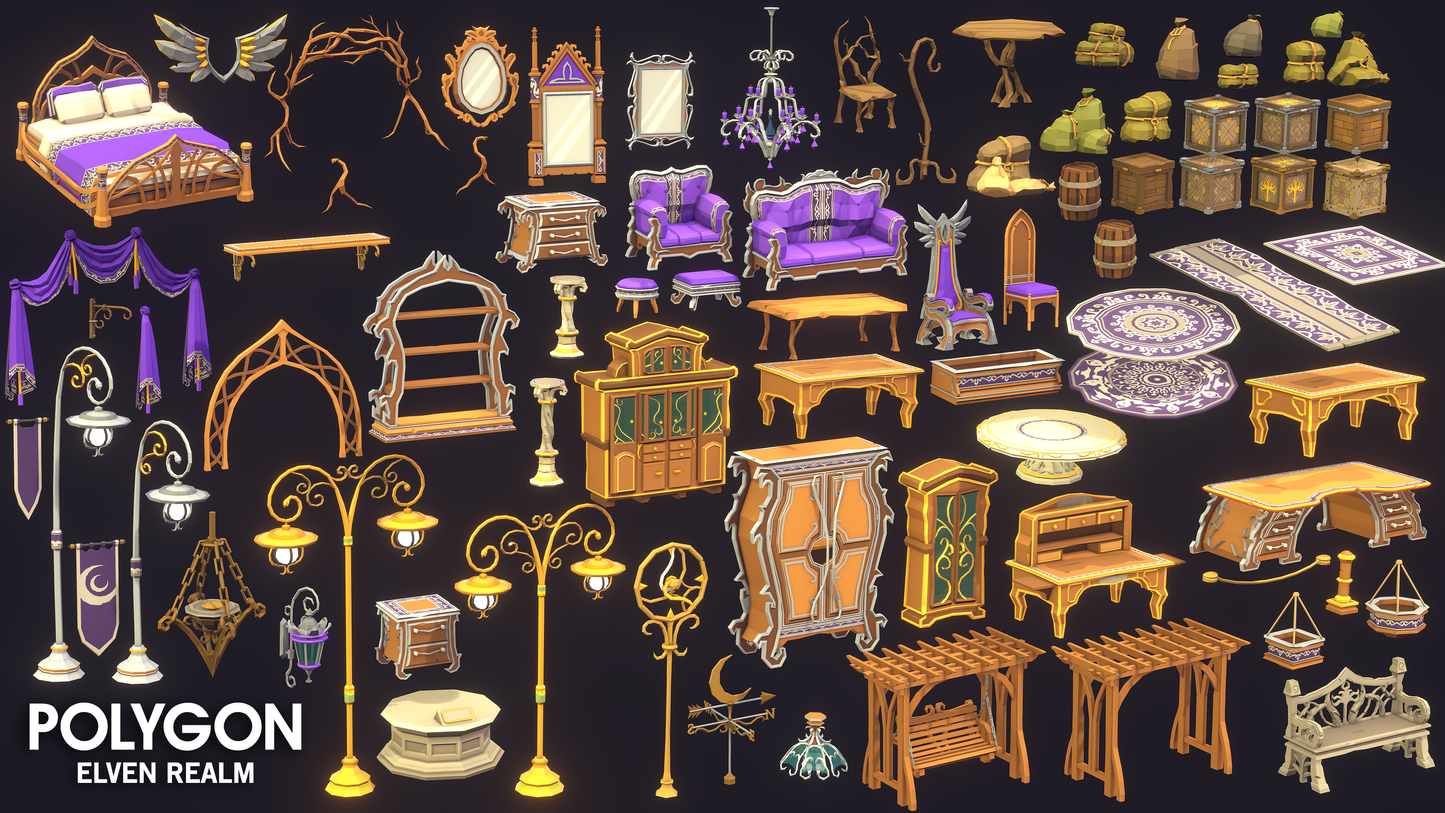 Elven Realm 3D low poly asset pack props including statues, tables, chairs, couches, beds, rugs, vases, fountains, flowers and lanterns