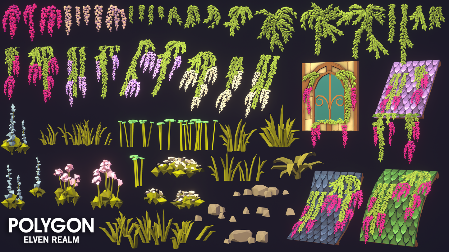 Elven Realm 3D low poly environmental assets featuring plants, flowers, rocks and grass