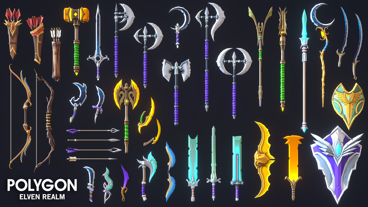 Elven Realm 3D low poly asset weapons including axes, shields, spears and bows