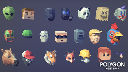 Heist pack mask asset examples for creating bank robbers and criminals in low poly games