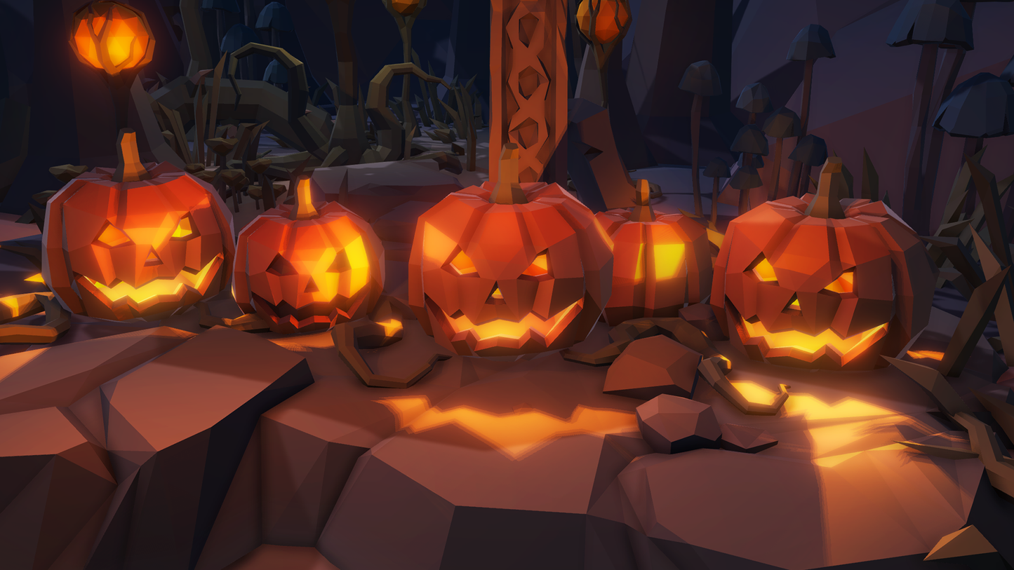 Five low poly 3D pumkins nestled on a rocky outcrop with mushrooms and trees in the background