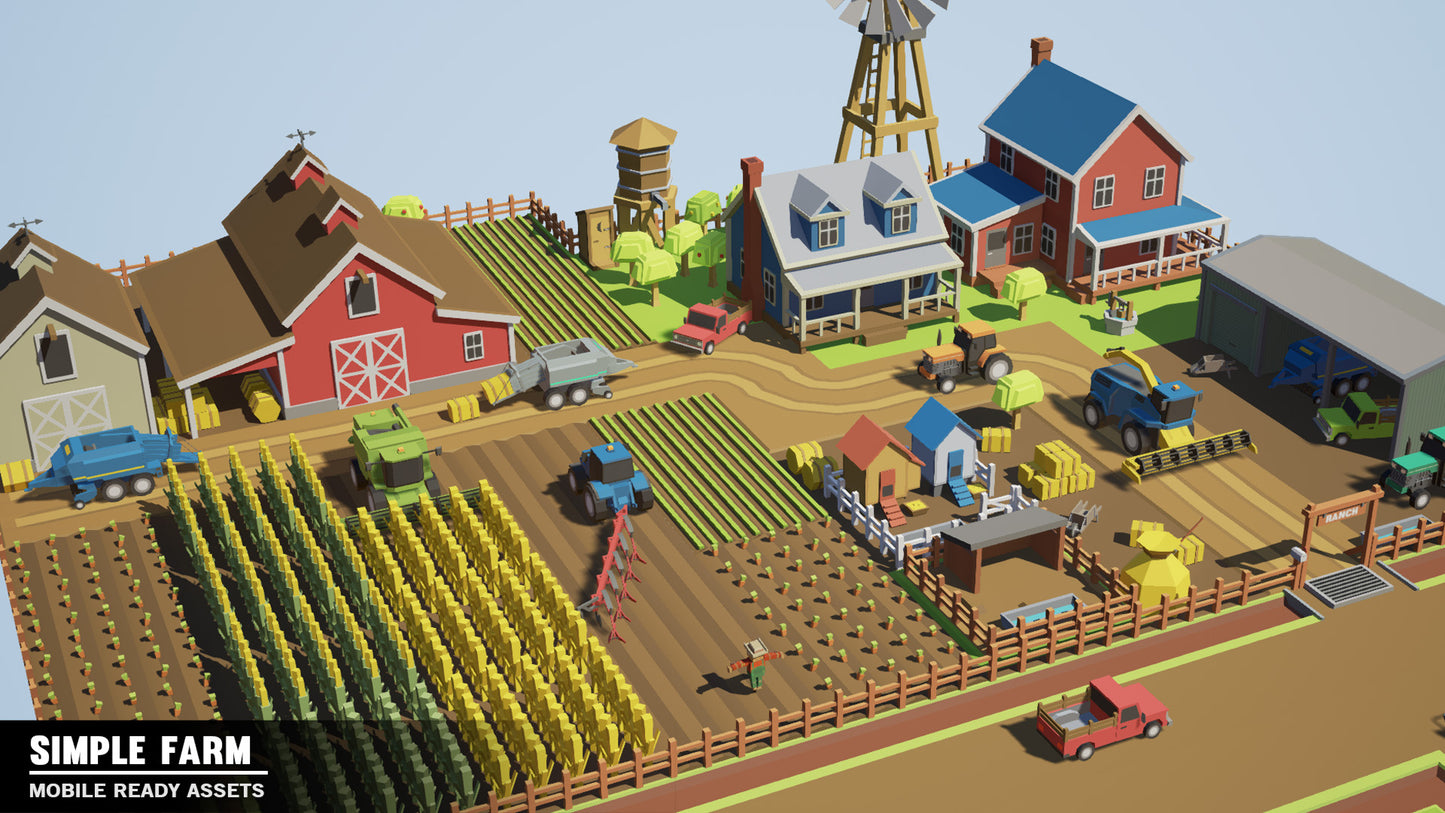 Aerial view of a large farm designed with Simple Farm Pack game assets