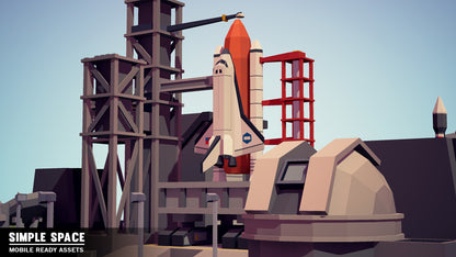 A 3D spaceship asset about to take off at a launch pad during sunset