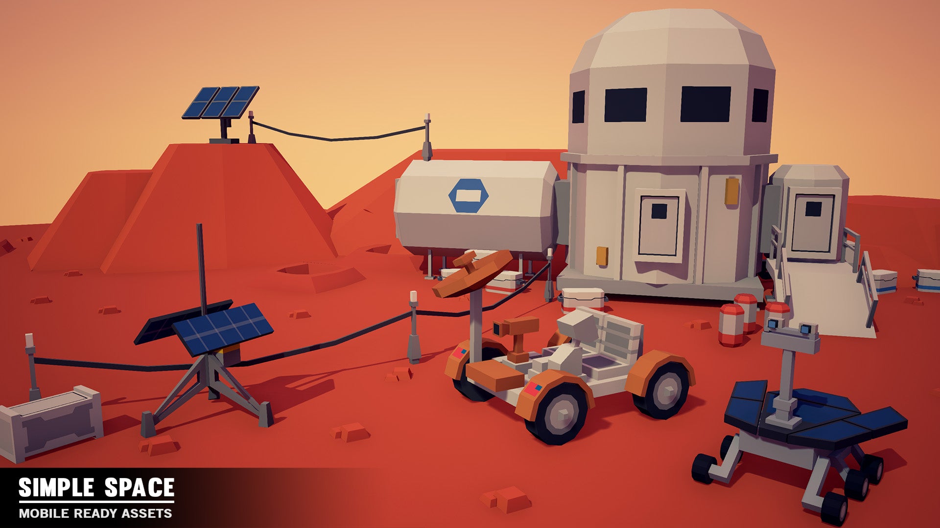 Simple Space mars rover and space outpost low poly assets