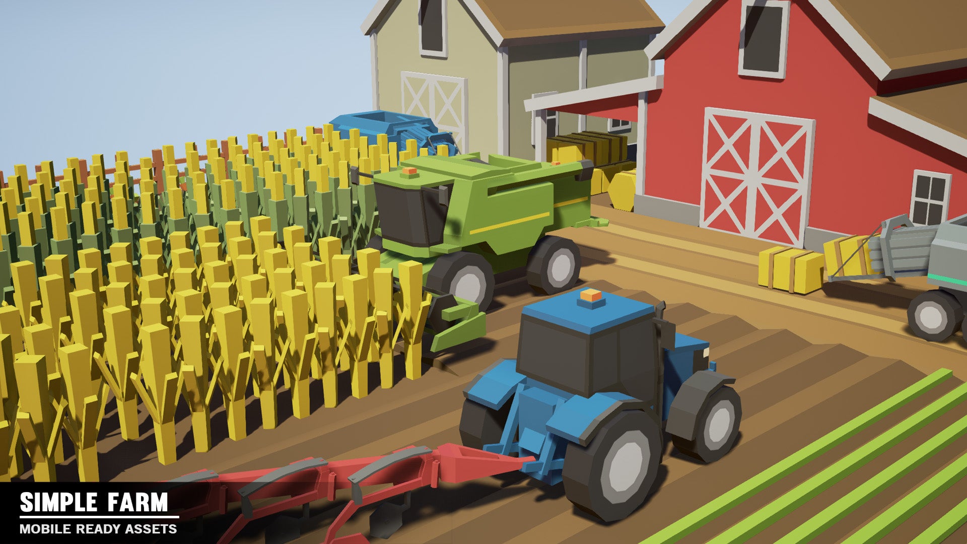 3D low poly blue and green tractors harvest corn on a farm