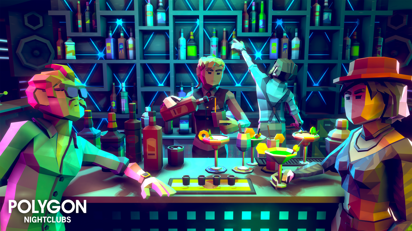 Two low poly characters talking at a bar with bartenders behind them preparing their drinks