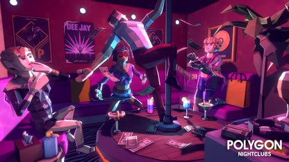 Three low poly women throwing money at a male pole dancer entertaining them at a nightclub