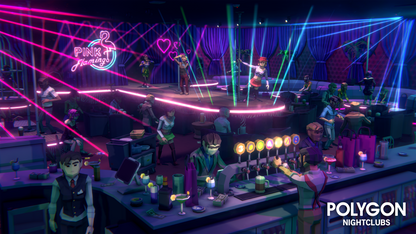 3D low poly Pink Flamingo nightclub with guests inside dancing and having a good time