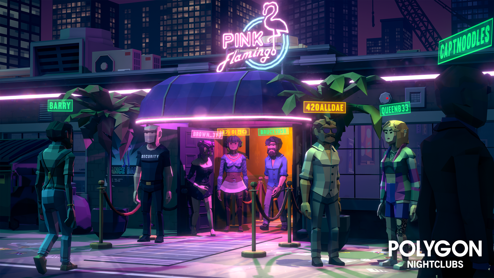 Pink Flamingo 3D virtual nightclub with open world characters conversing outside the club