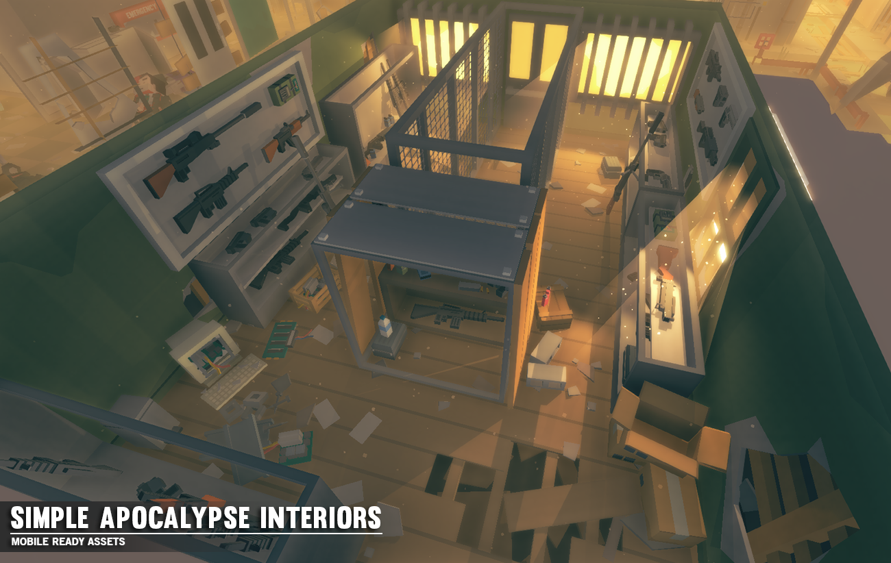 Simple Apocalypse Interiors gun shop that has been looted in the past indicated by the broken glass, equipment, computers and ripped open boxes