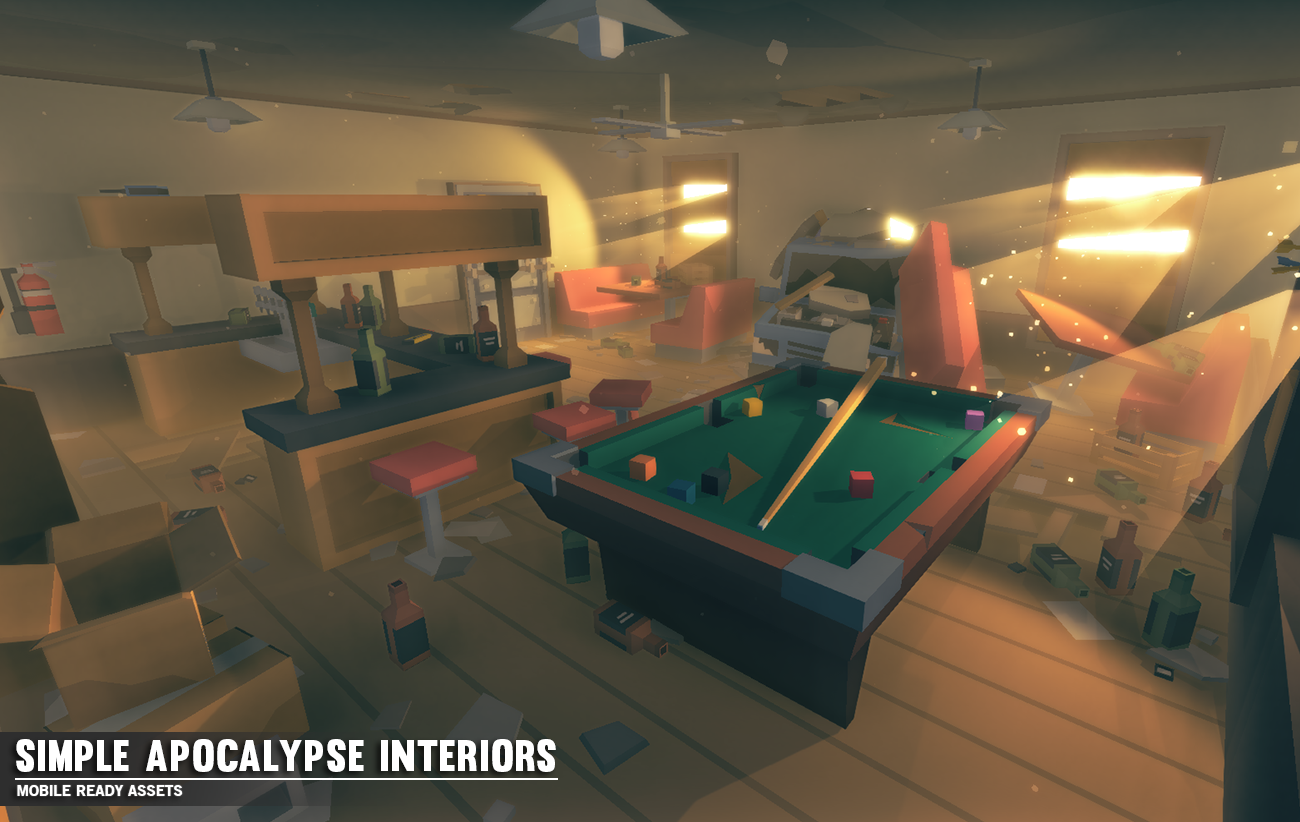 Bar interior game asset with pool table, broken sofas and beer bottles lying around