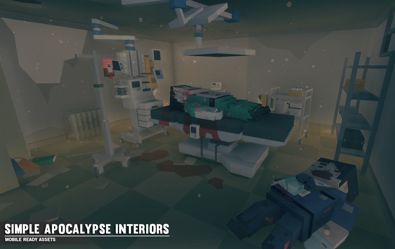 3D low poly surgical operating room with corposes lying on the gurney and floor