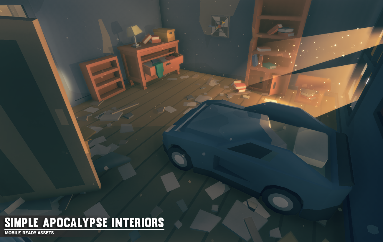 Kids apocalypse setting bedroom interior game assets including a blue car bed, wardrobe and book shelves