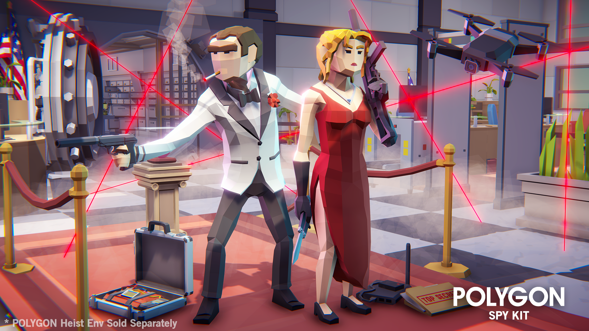 Male and female spy character 3D low poly game assets