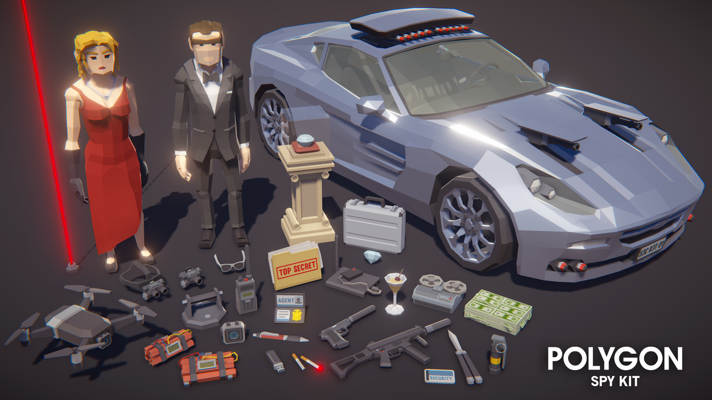 Male and female spy characters standing next to a spy car with gun turrets and a complete spy kit of props and weapons